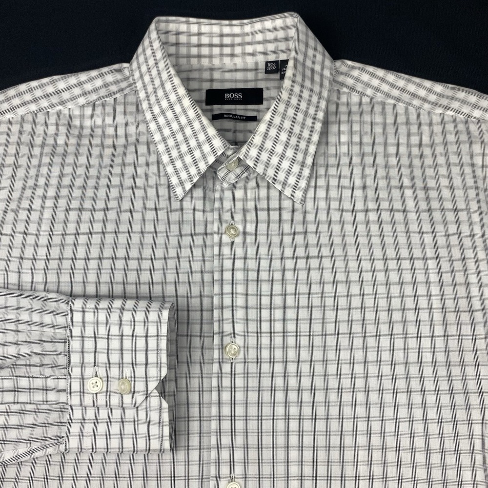 BOSS Hugo Boss Dress Shirt Mens 16.5-36/37 White w/Black Checks‎ Regular Fit